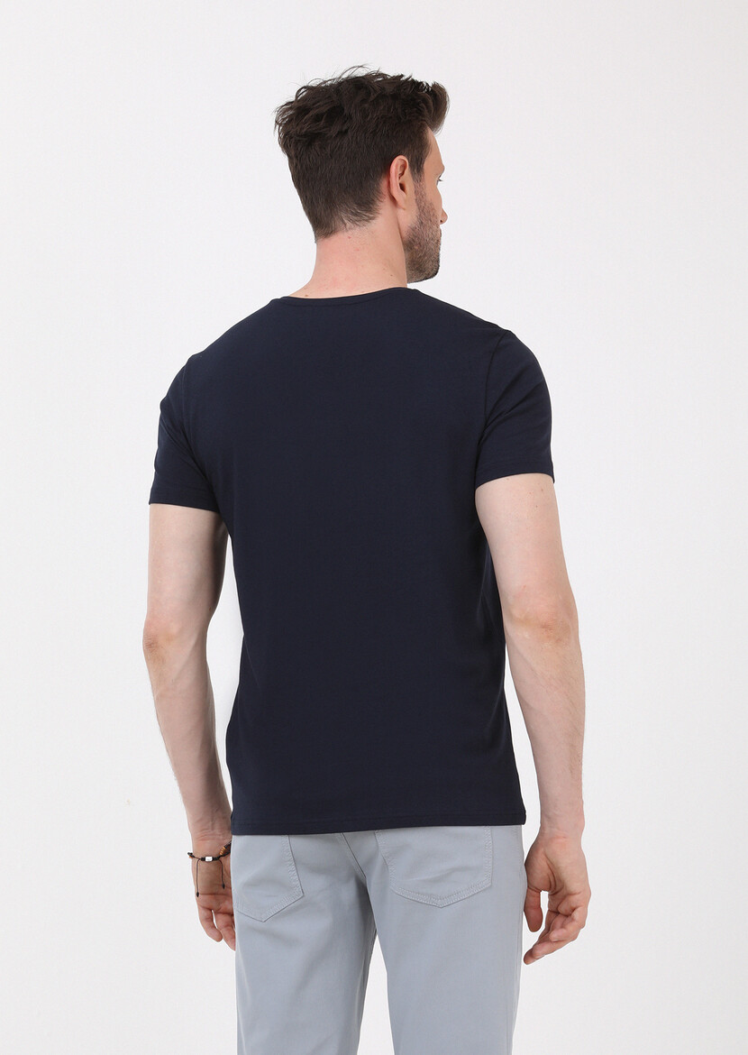 Navy Blue Plain V-Neck Cotton Blended T-Shirt - 4