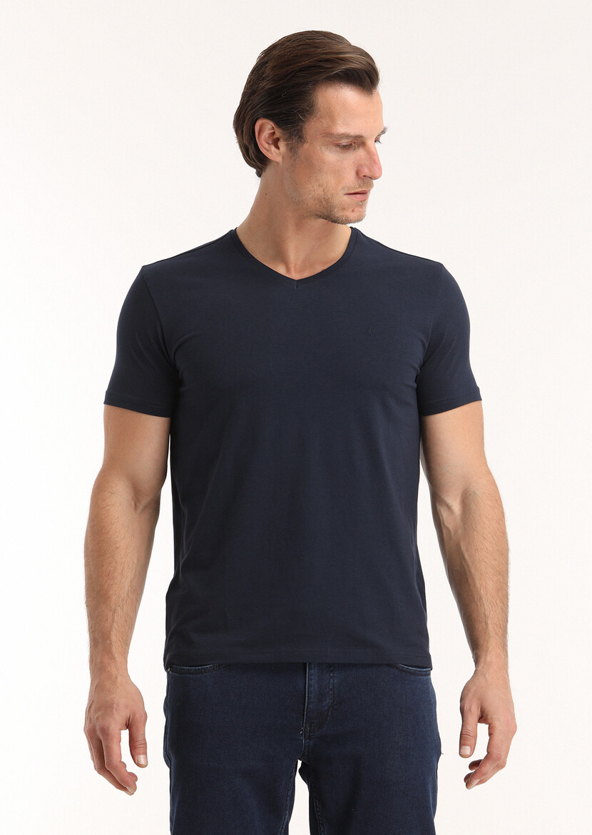 Navy Blue Plain V-Neck Cotton Blended T-Shirt - 2