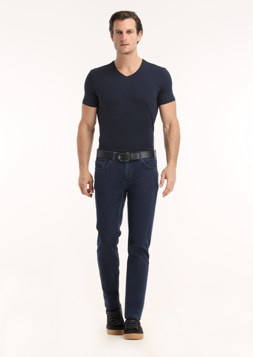 Navy Blue Plain V-Neck Cotton Blended T-Shirt 