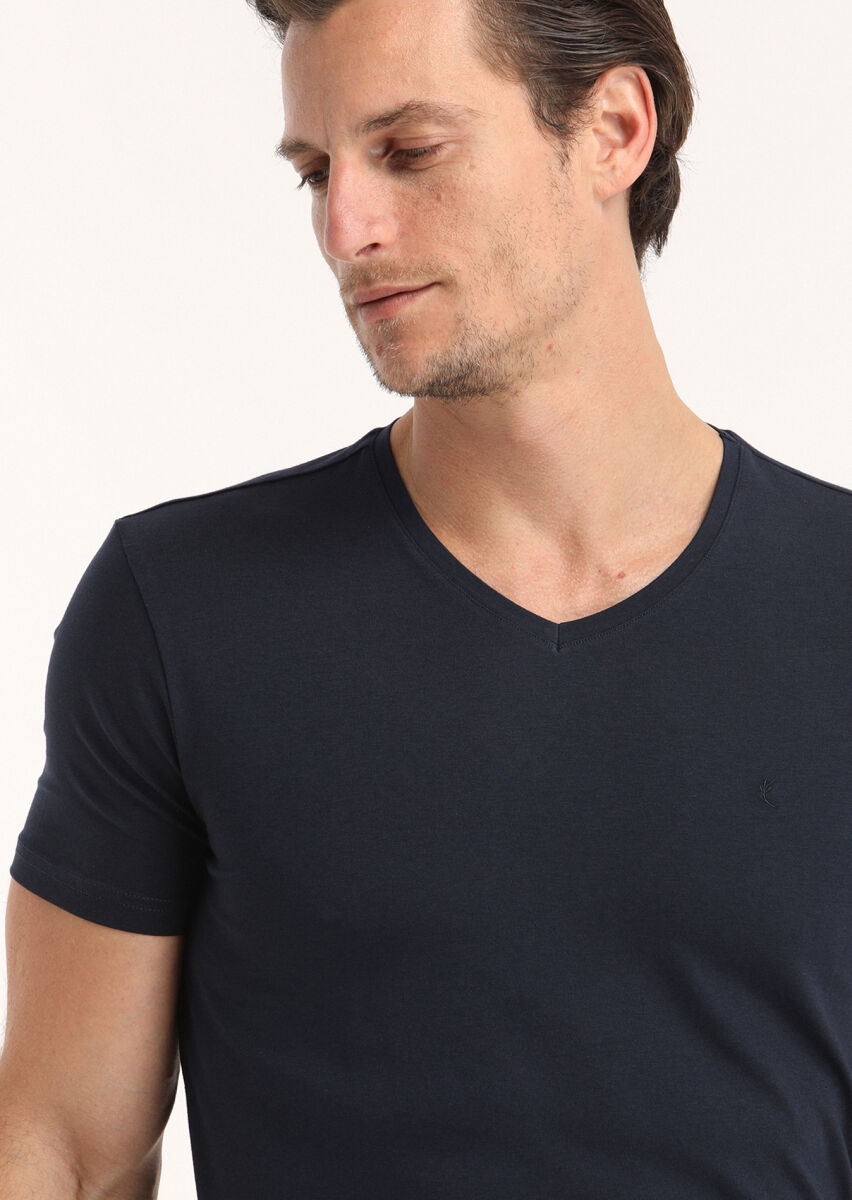 Navy Blue Plain V-Neck Cotton Blended T-Shirt - 3