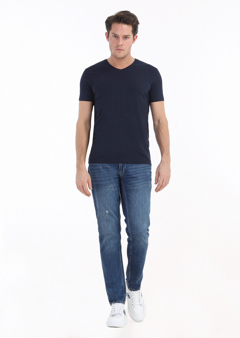 Navy Blue Plain V-Neck Cotton Blended T-Shirt 