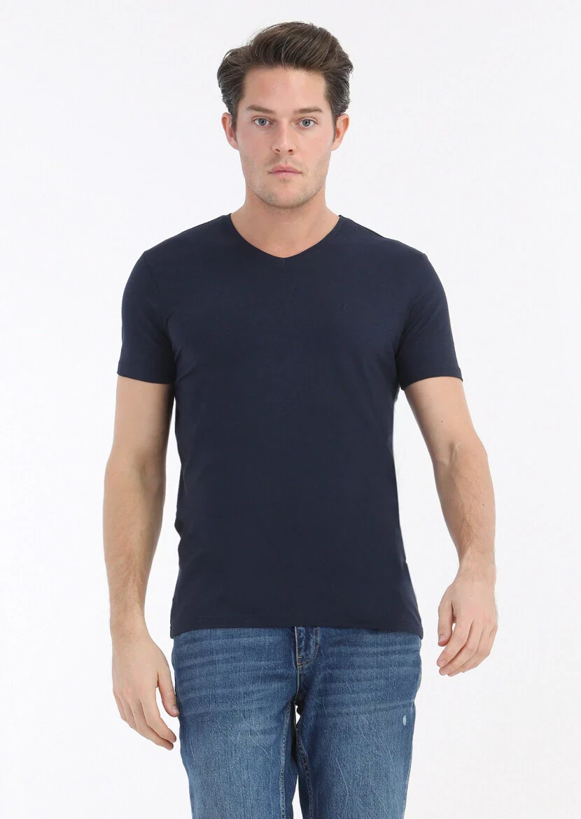 Navy Blue Plain V-Neck Cotton Blended T-Shirt 