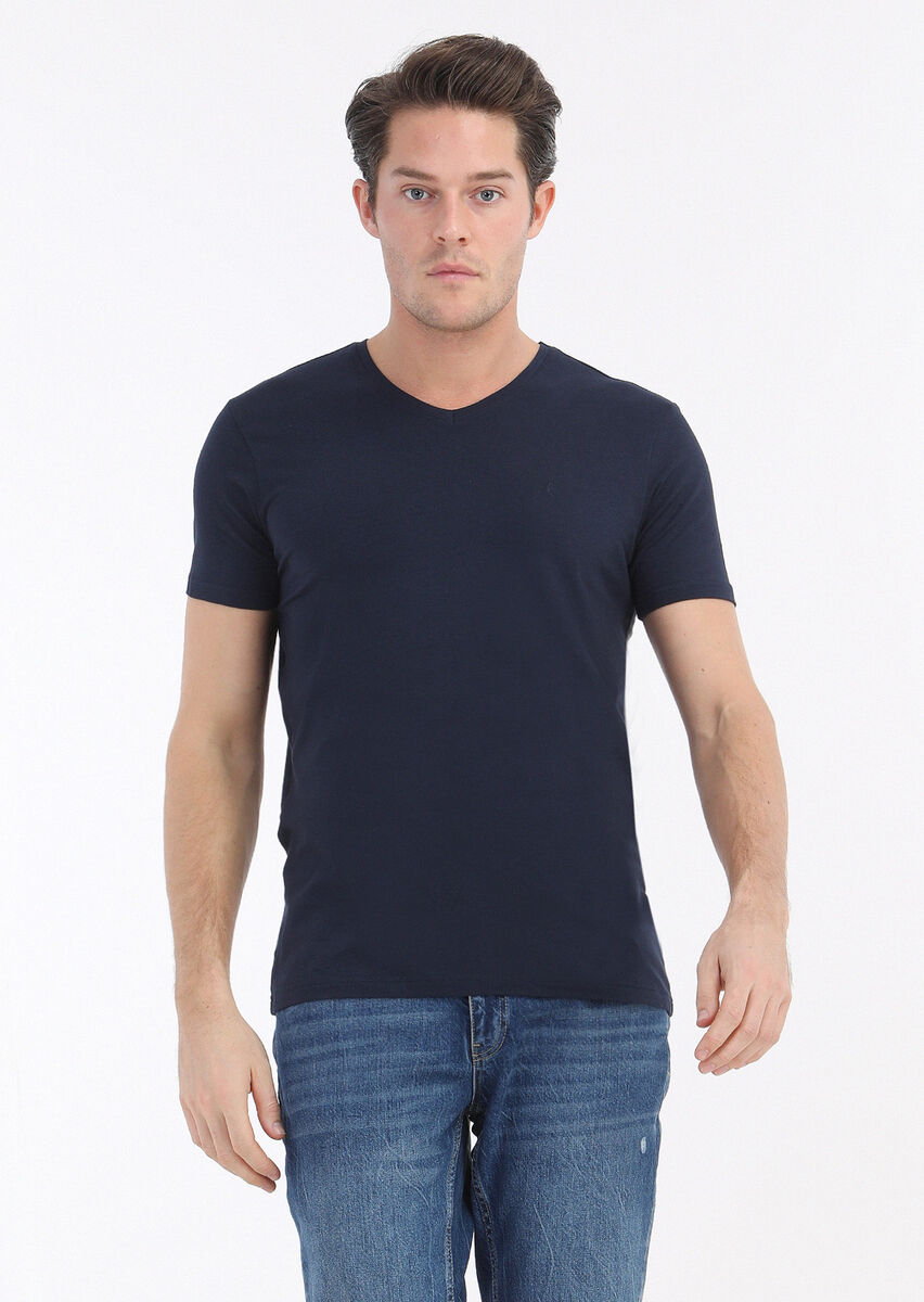 Navy Blue Plain V-Neck Cotton Blended T-Shirt - 2