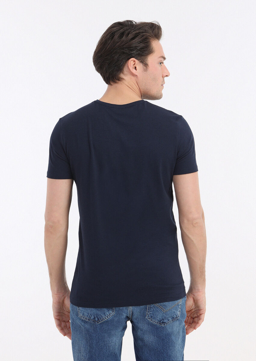 Navy Blue Plain V-Neck Cotton Blended T-Shirt - 4