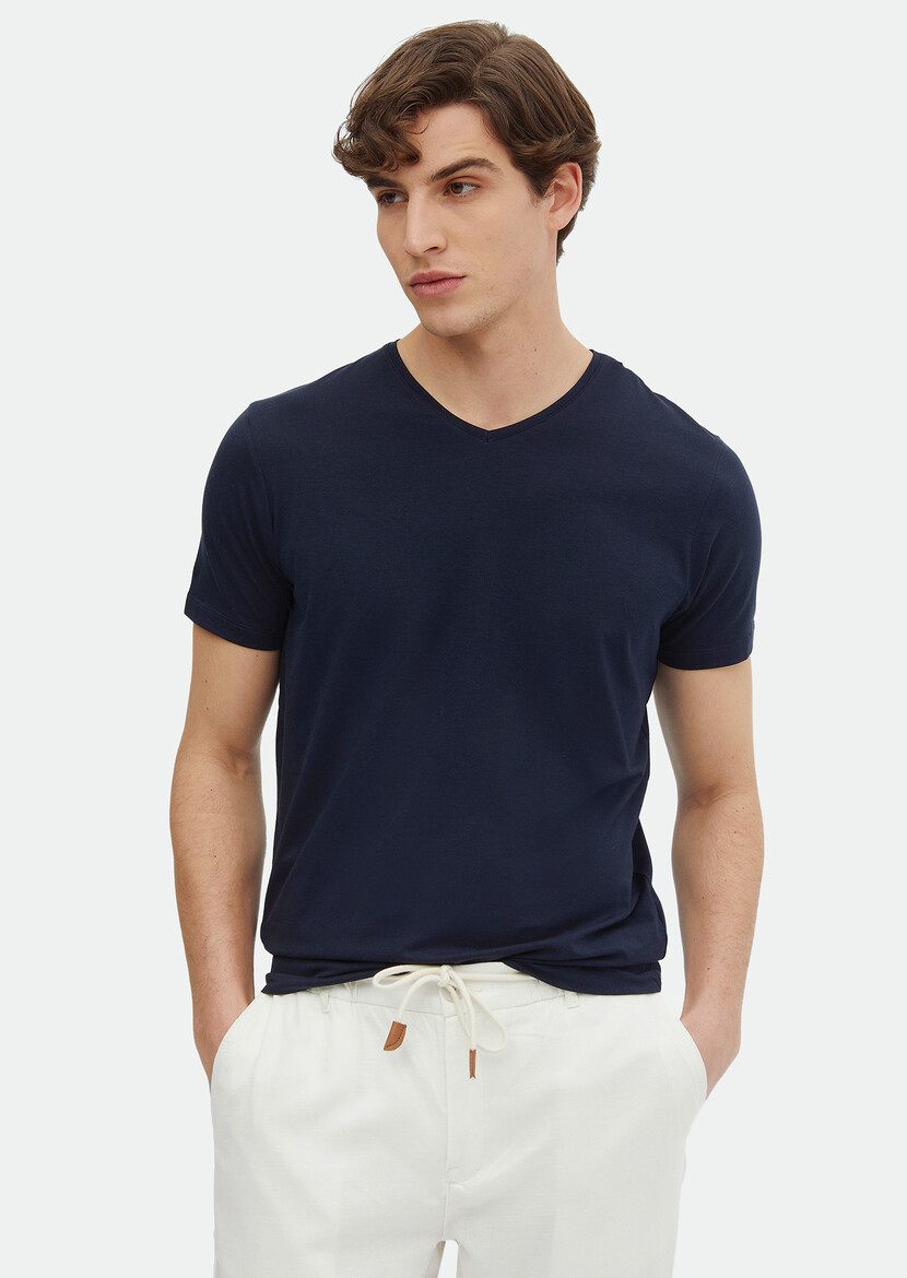 Navy Blue Plain V-Neck Cotton Blended T-Shirt 