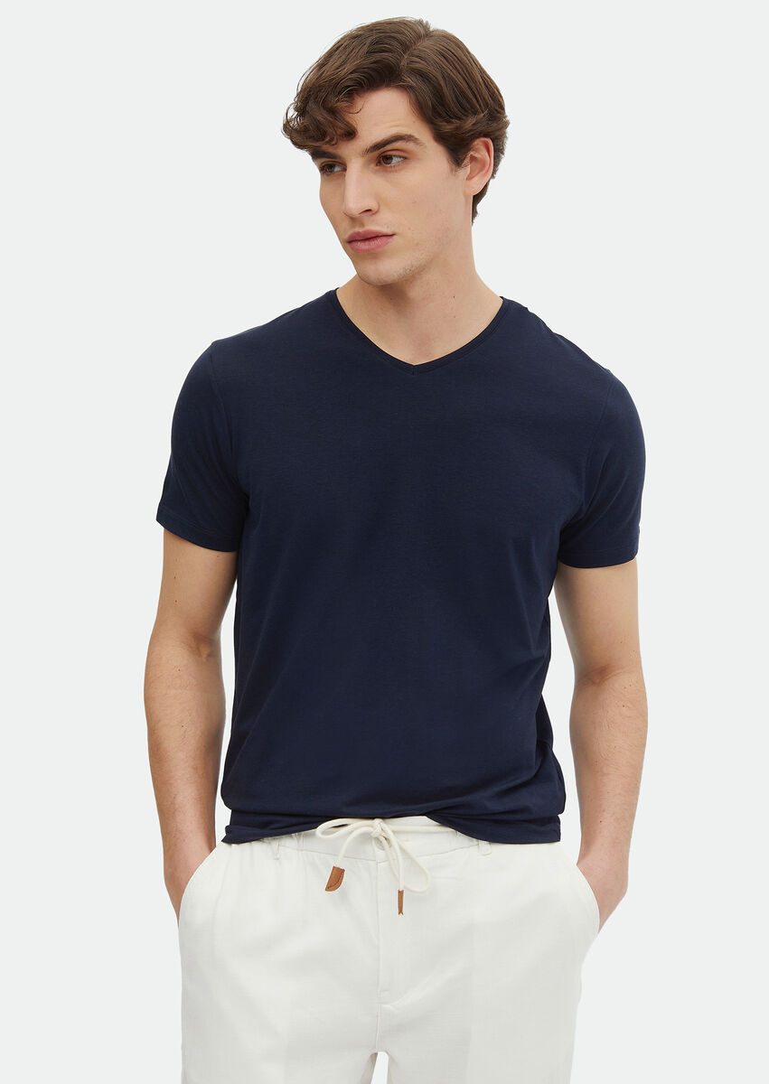 Navy Blue Plain V-Neck Cotton Blended T-Shirt - 1