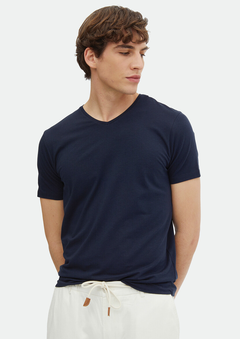 Navy Blue Plain V-Neck Cotton Blended T-Shirt - 3