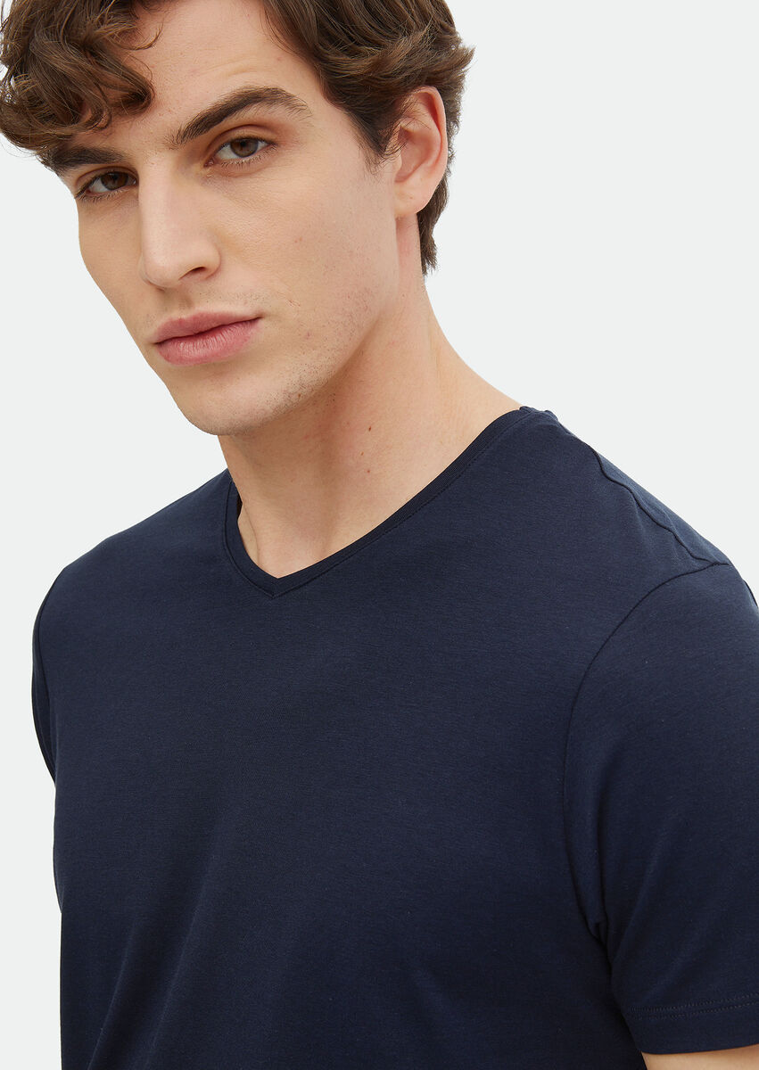 Navy Blue Plain V-Neck Cotton Blended T-Shirt - 4