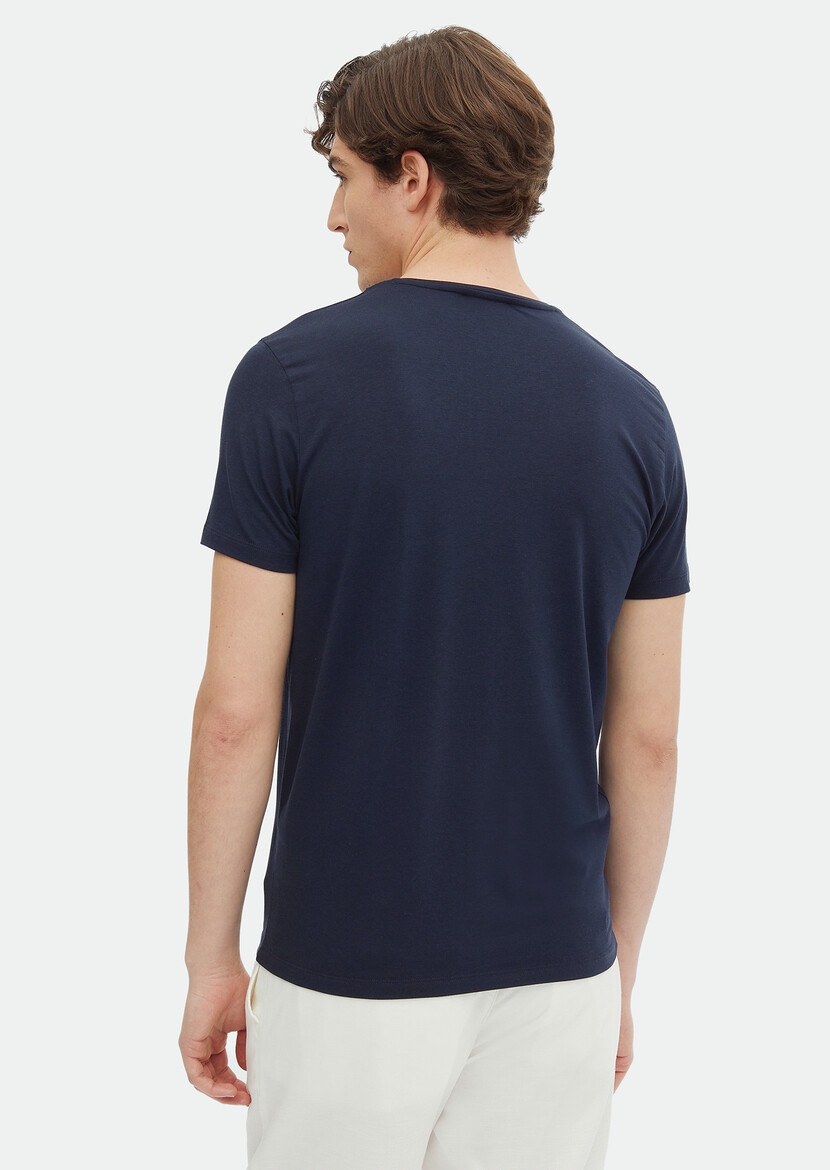 Navy Blue Plain V-Neck Cotton Blended T-Shirt - 5