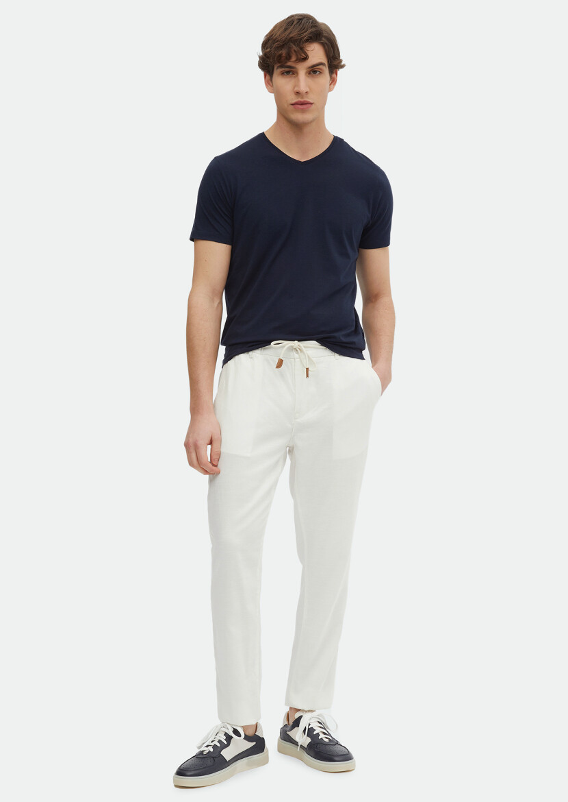 Navy Blue Plain V-Neck Cotton Blended T-Shirt 