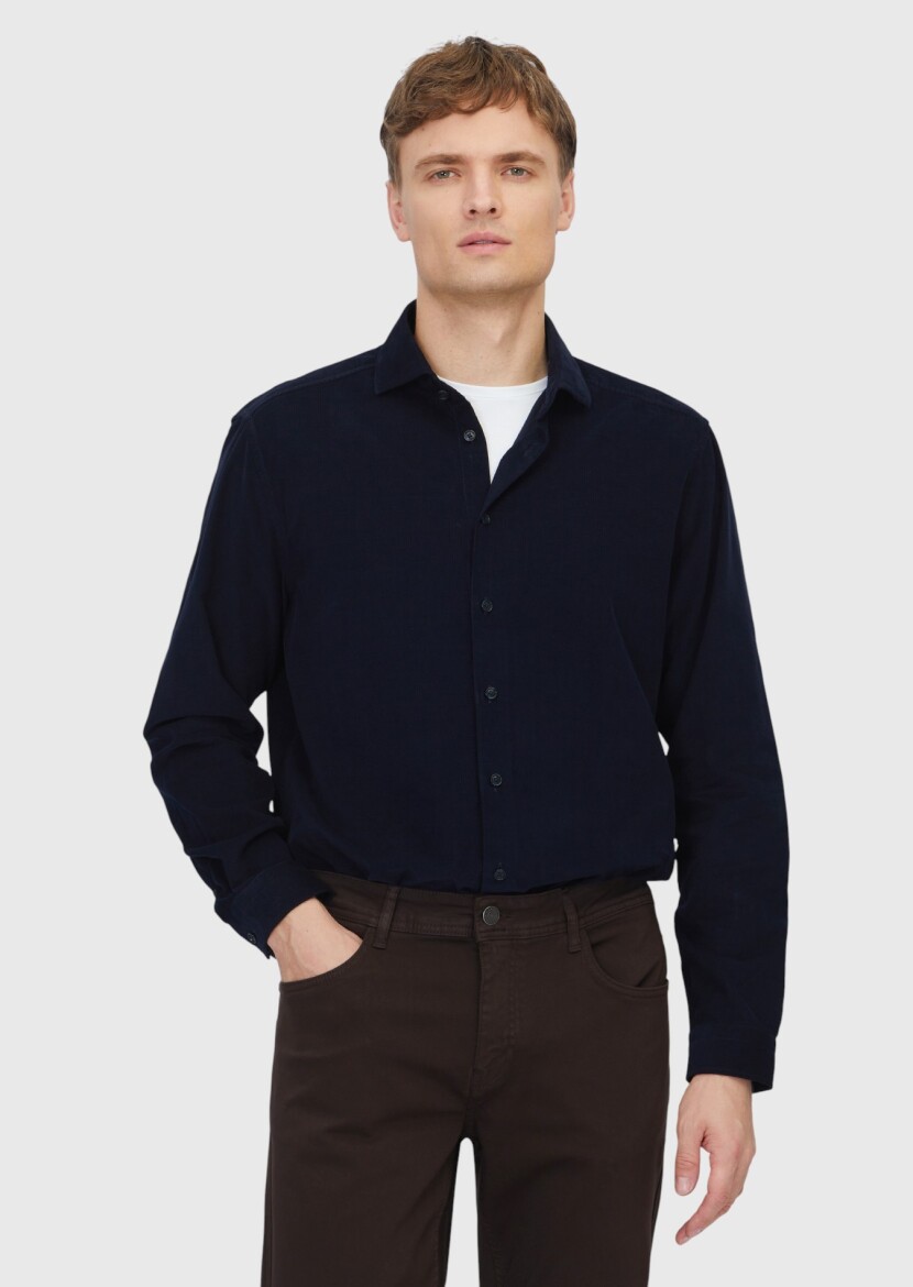 Navy Blue Plain Weaving Casual 100% Cotton Shirt - 1