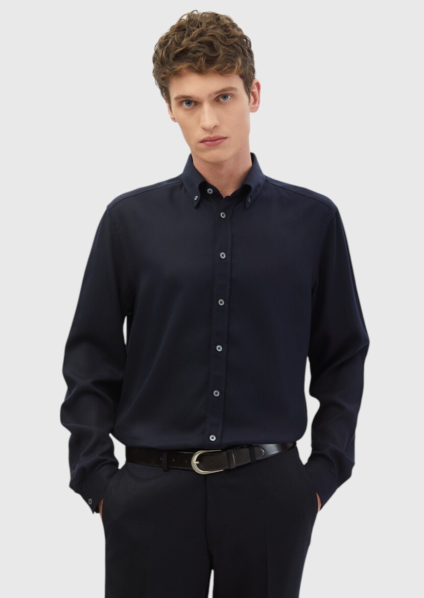 Navy Blue Plain Weaving Casual Shirt - RAMSEY