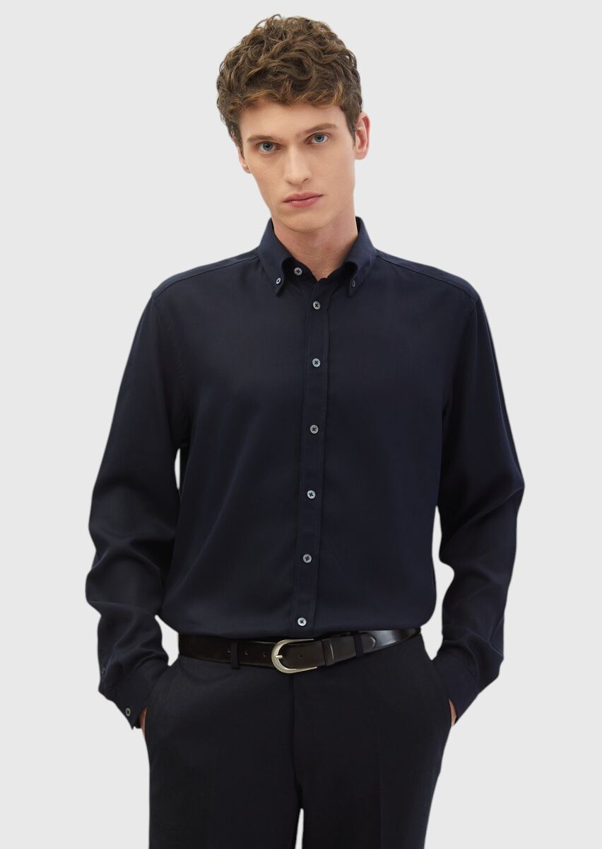Navy Blue Plain Weaving Casual Shirt - 1