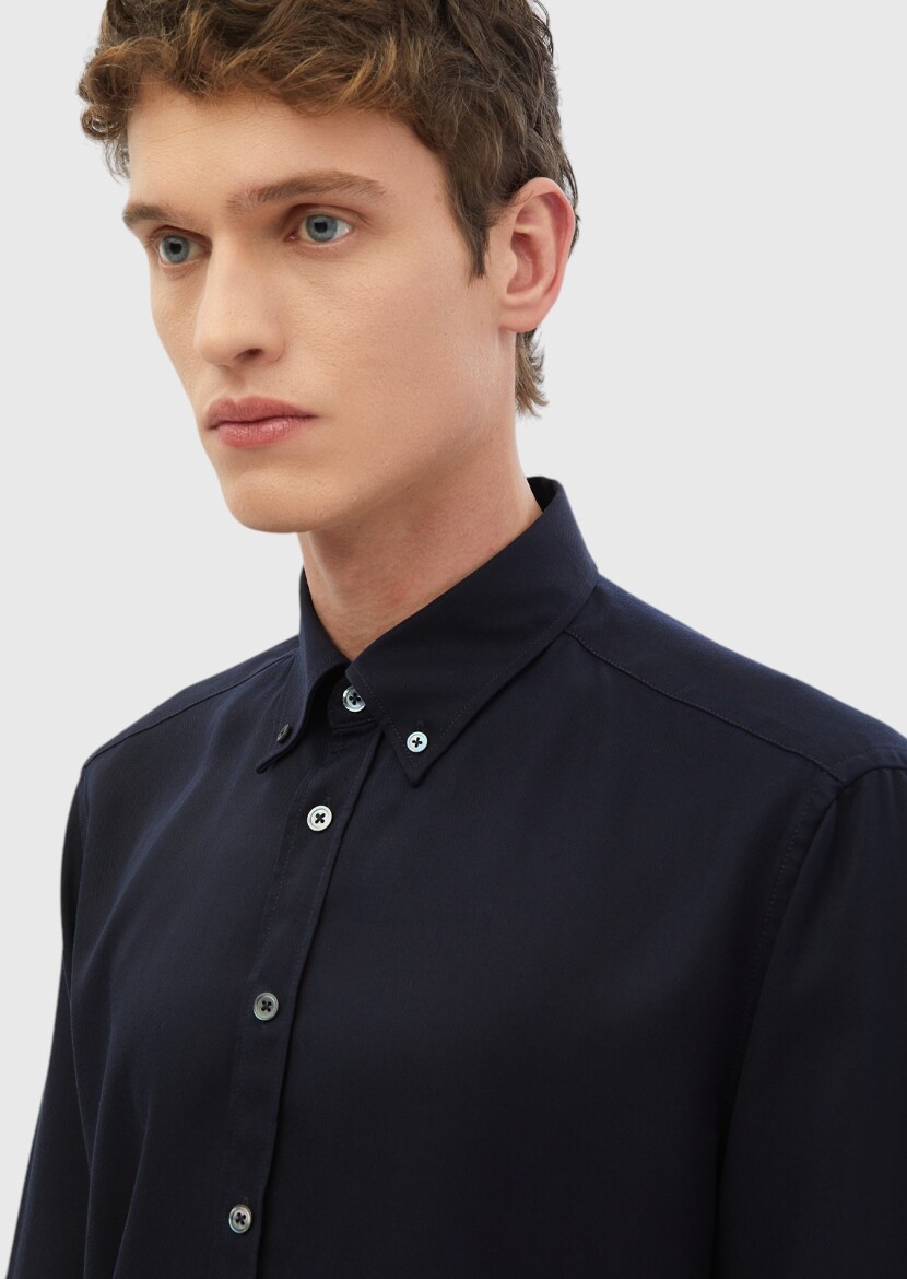 Navy Blue Plain Weaving Casual Shirt - 4