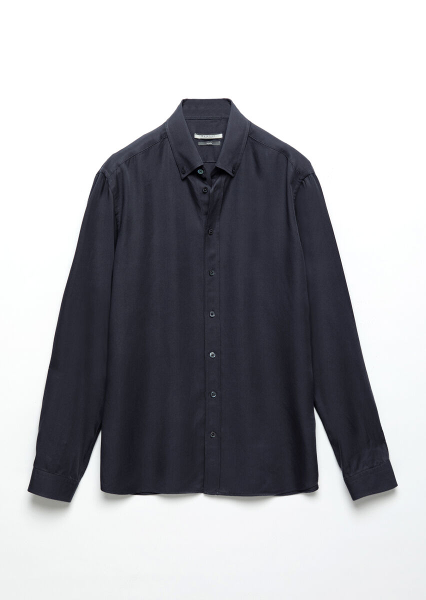 Navy Blue Plain Weaving Casual Shirt - 6