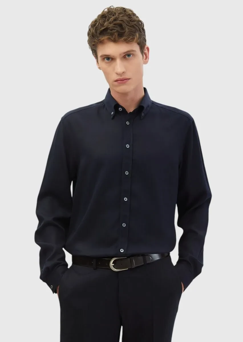 Navy Blue Plain Weaving Casual Shirt - 1