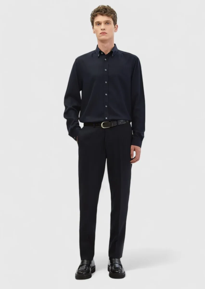 Navy Blue Plain Weaving Casual Shirt - 2