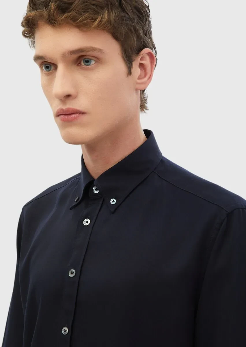 Navy Blue Plain Weaving Casual Shirt - 4