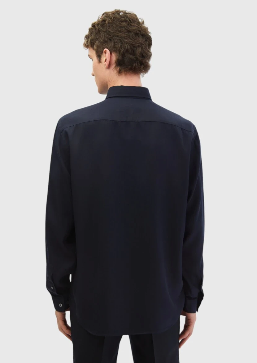 Navy Blue Plain Weaving Casual Shirt - 5