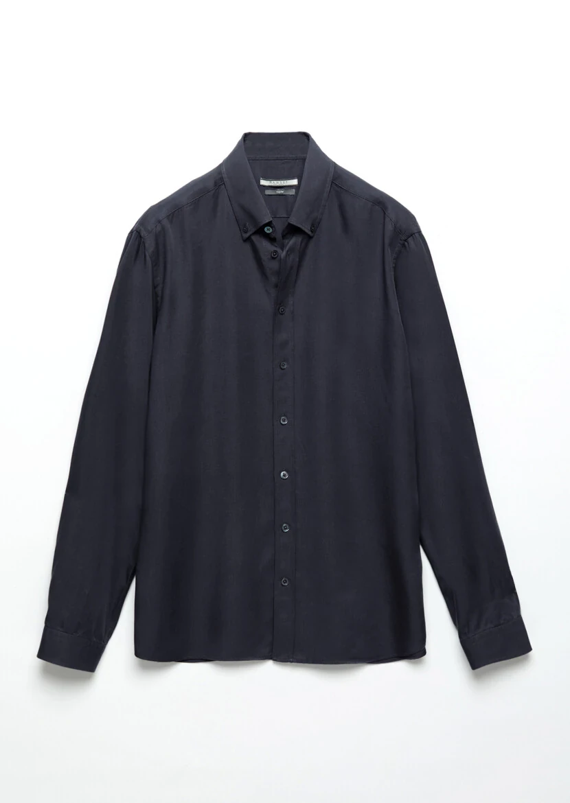 Navy Blue Plain Weaving Casual Shirt - 6
