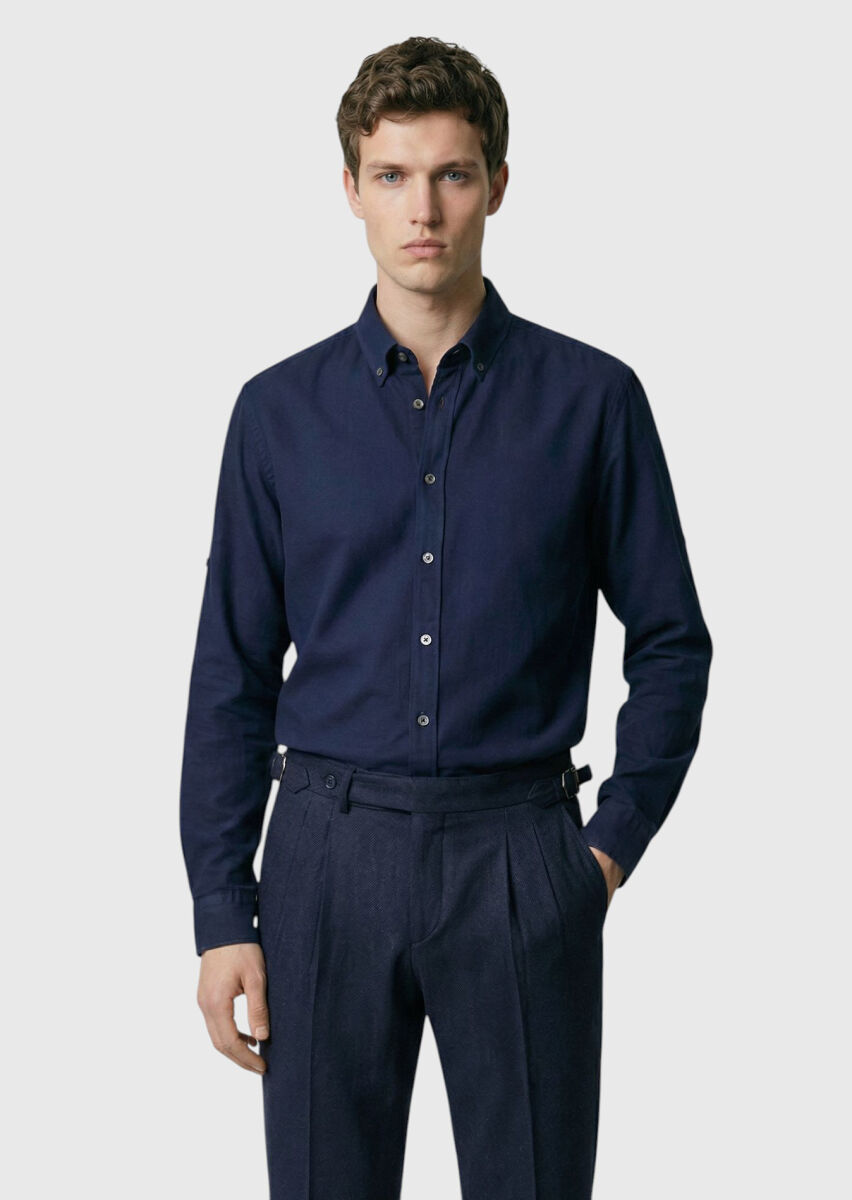 Navy Blue Plain Weaving Casual Shirt - 1