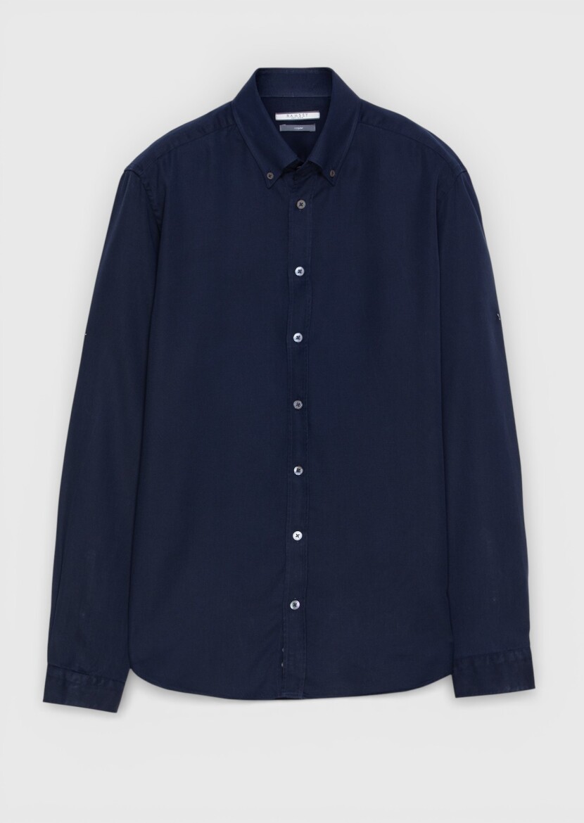 Navy Blue Plain Weaving Casual Shirt - 5