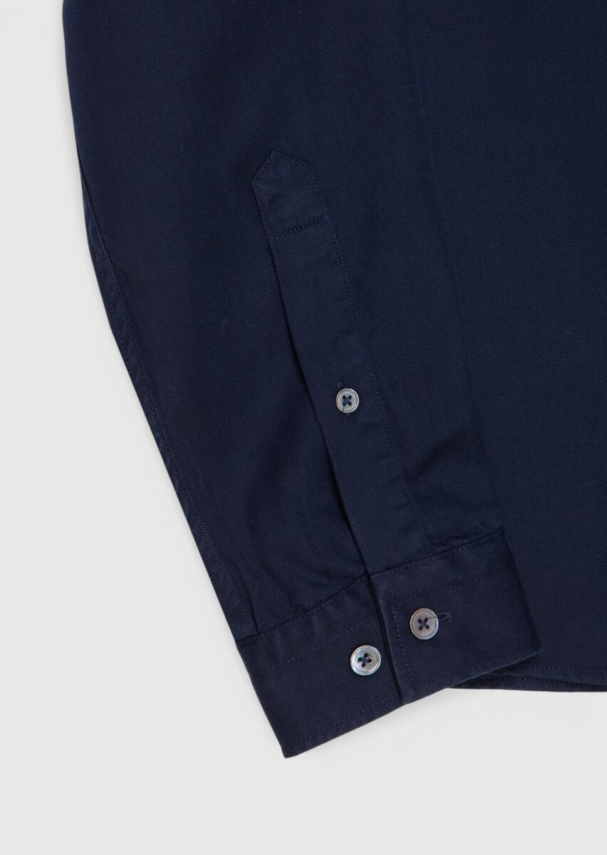 Navy Blue Plain Weaving Casual Shirt - 7