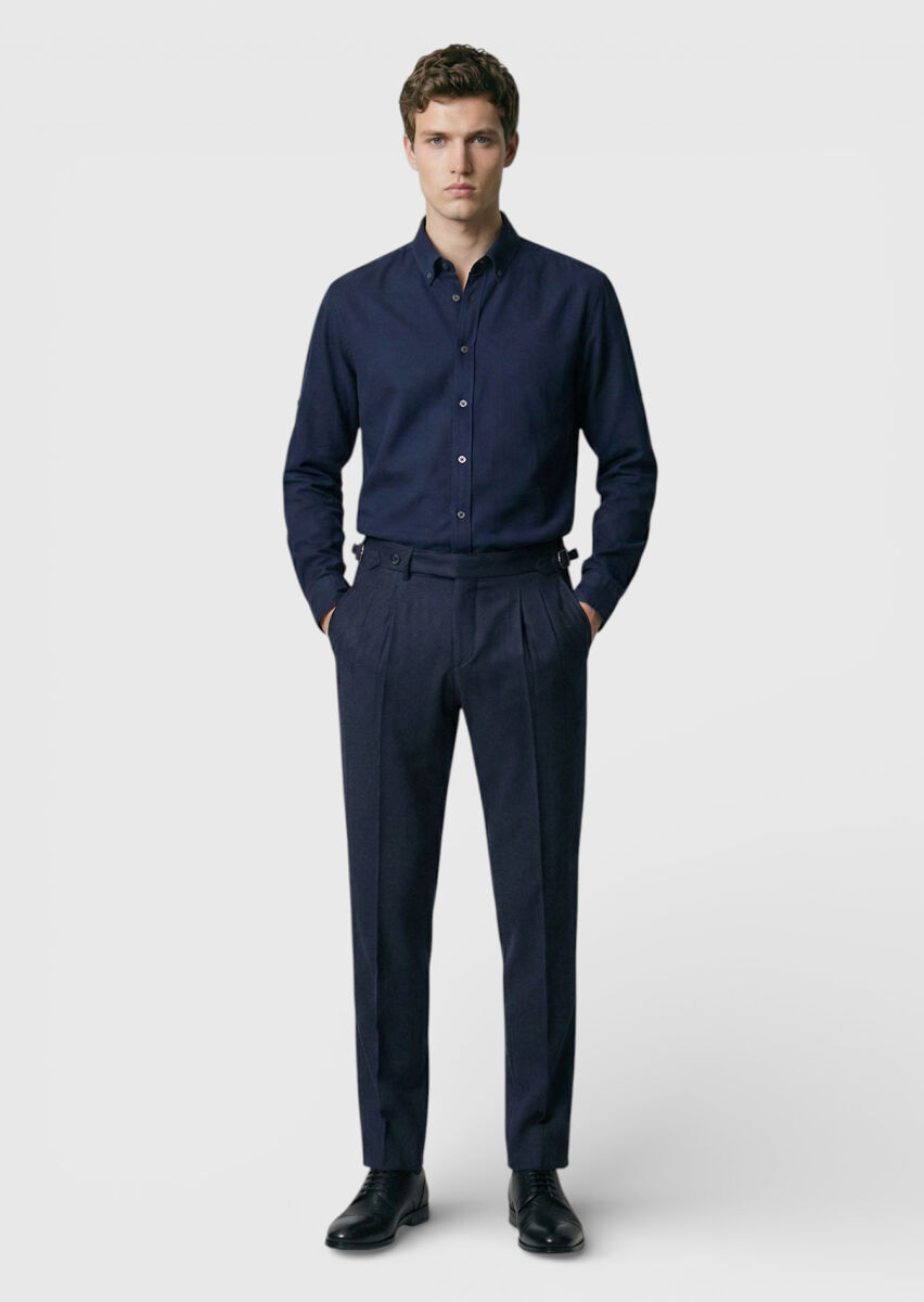 Navy Blue Plain Weaving Casual Shirt - 2