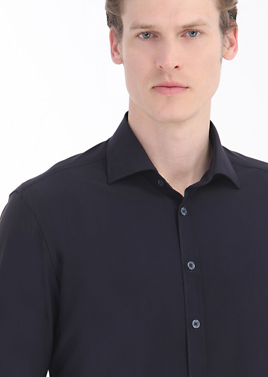 Navy Blue Plain Weaving Classical Shirt - 4