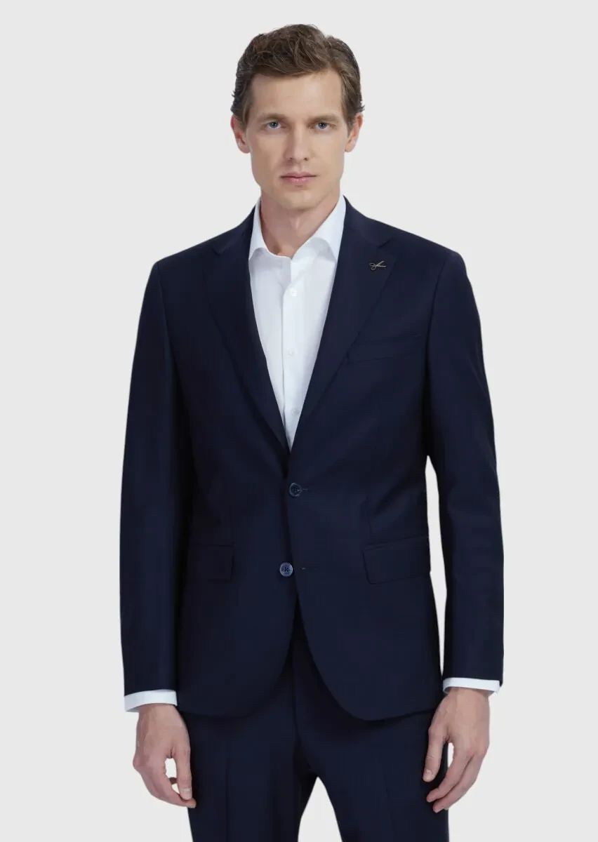 Navy Blue Plain Wool Blended Suit - 1