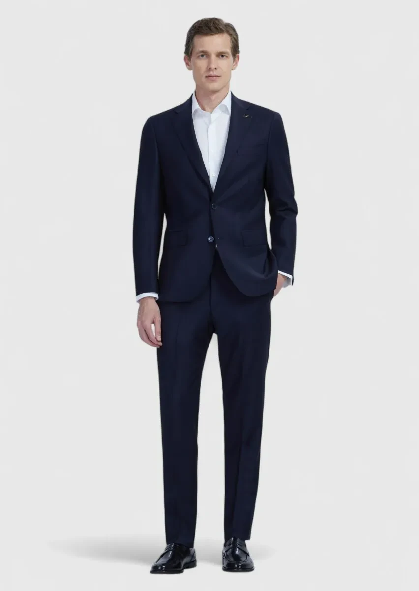 Navy Blue Plain Wool Blended Suit - 2