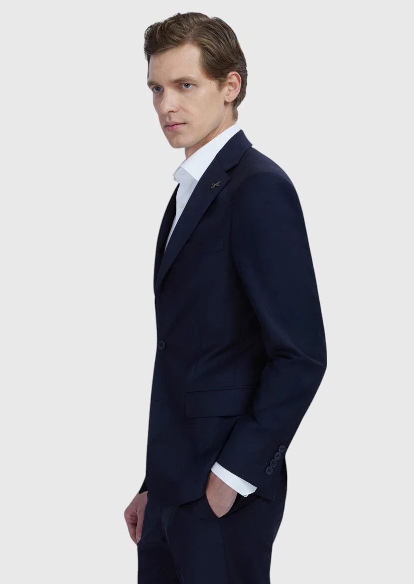 Navy Blue Plain Wool Blended Suit - 3