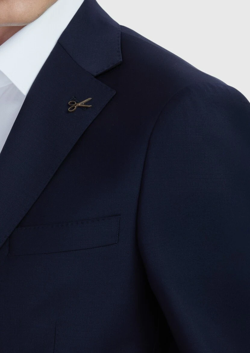 Navy Blue Plain Wool Blended Suit - 5