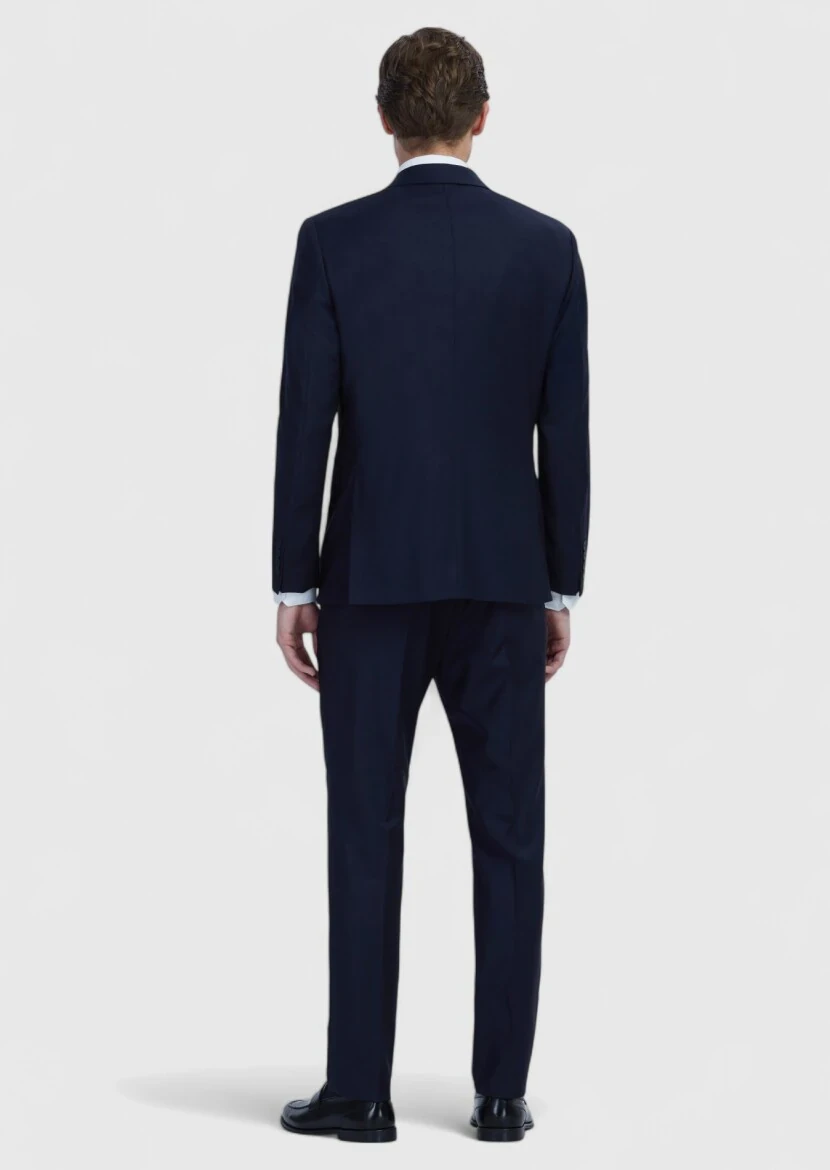 Navy Blue Plain Wool Blended Suit - 6