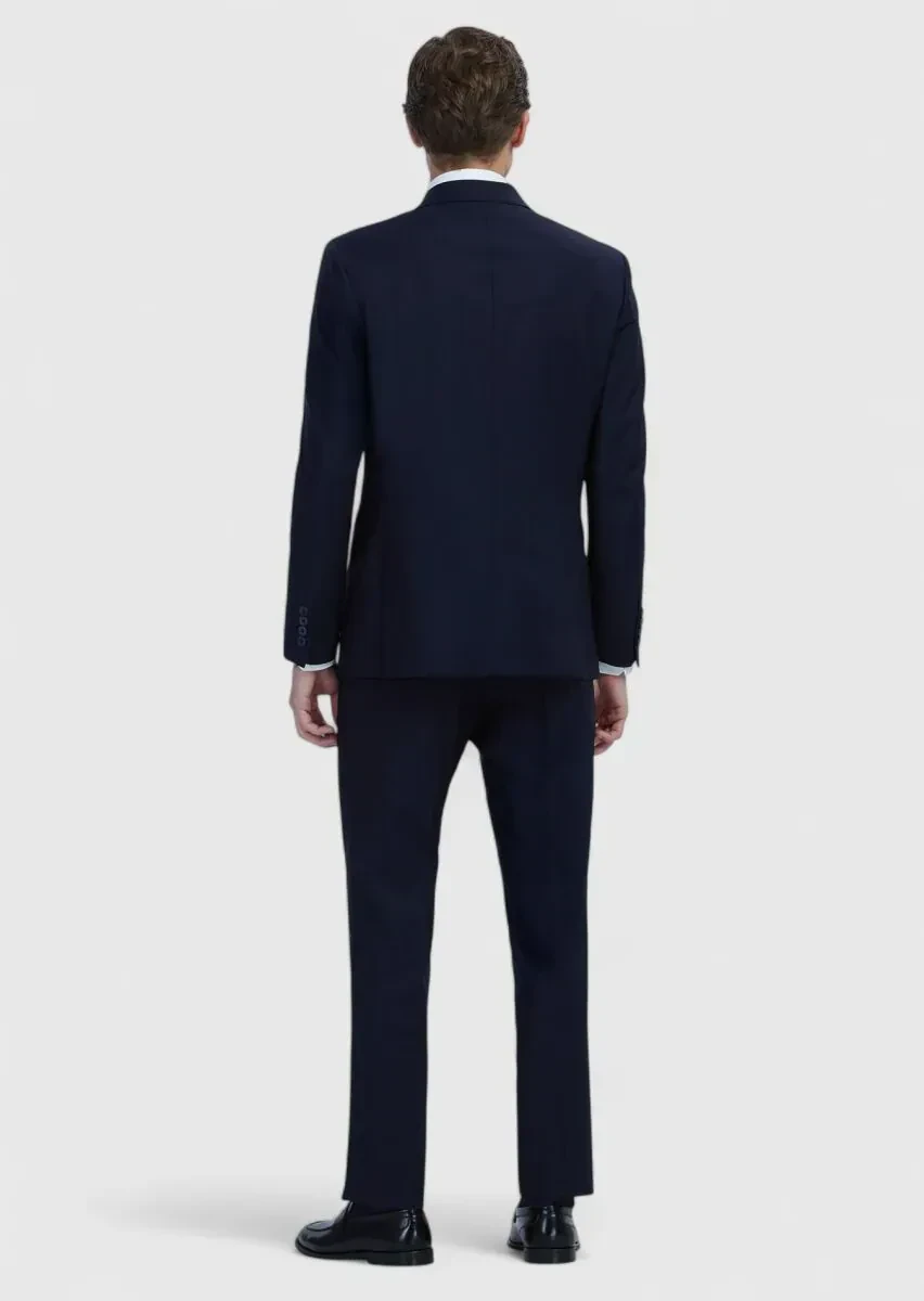 Navy Blue Plain Wool Blended Suit - 5