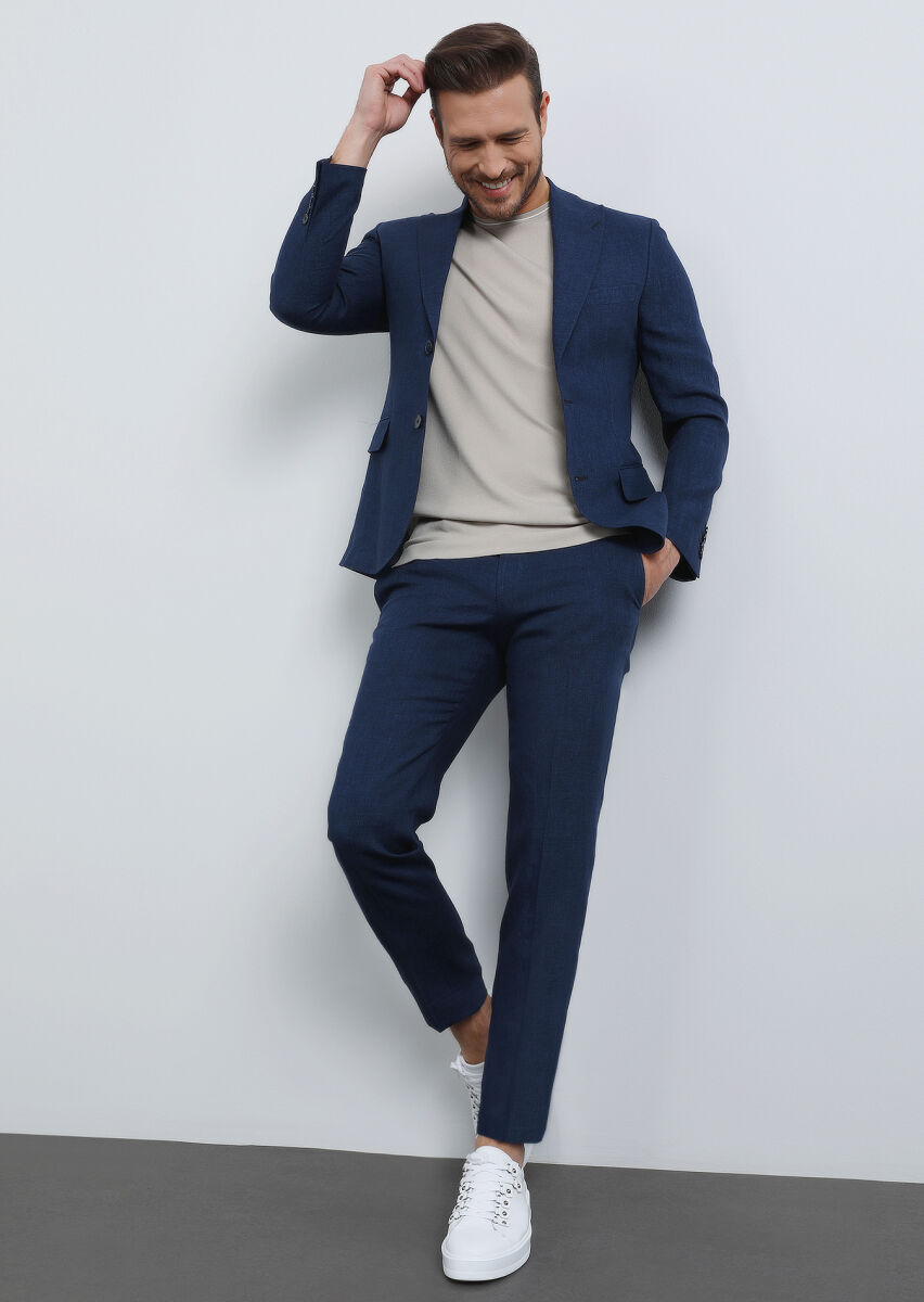 Navy Blue Plain Zeroweight Slim Fit 100% Linen Suit - 2