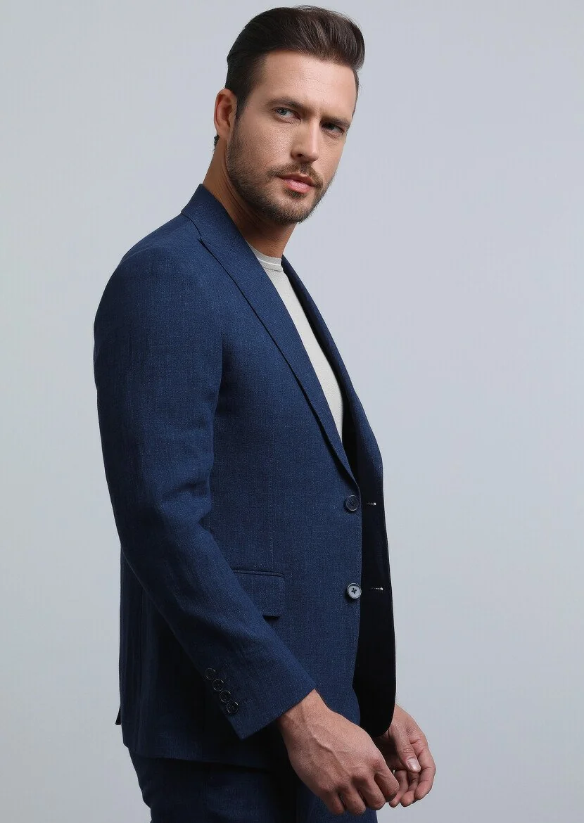 Navy Blue Plain Zeroweight Slim Fit 100% Linen Suit - 1