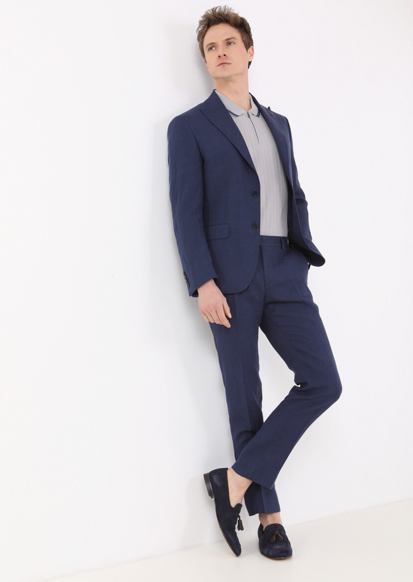 Navy Blue Plain Zeroweight Slim Fit 100% Linen Suit - 1