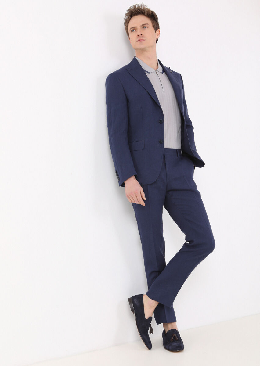 Navy Blue Plain Zeroweight Slim Fit 100% Linen Suit - 1