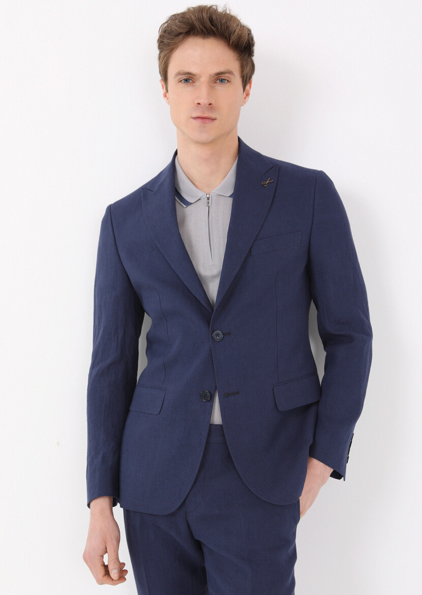 Navy Blue Plain Zeroweight Slim Fit 100% Linen Suit - 2