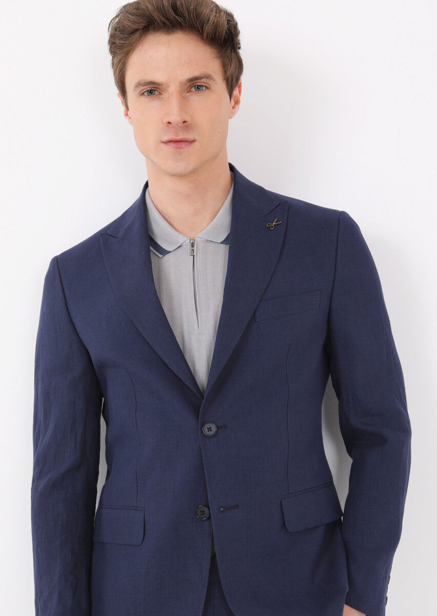 Navy Blue Plain Zeroweight Slim Fit 100% Linen Suit - 3