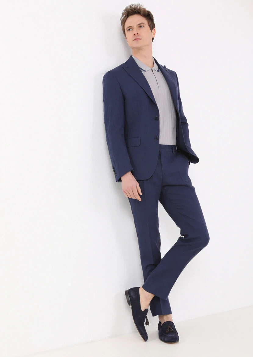 Navy Blue Plain Zeroweight Slim Fit 100% Linen Suit - 1