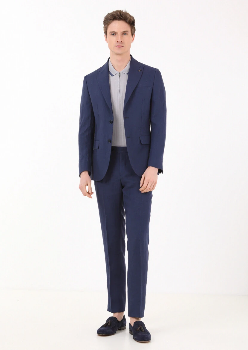 Navy Blue Plain Zeroweight Slim Fit 100% Linen Suit - 2