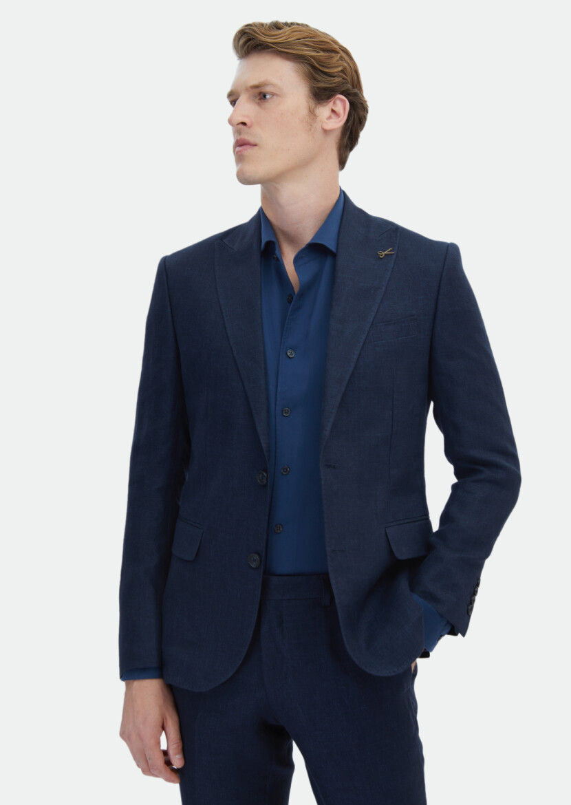 Navy Blue Plain Zeroweight Slim Fit 100% Linen Suit - 1