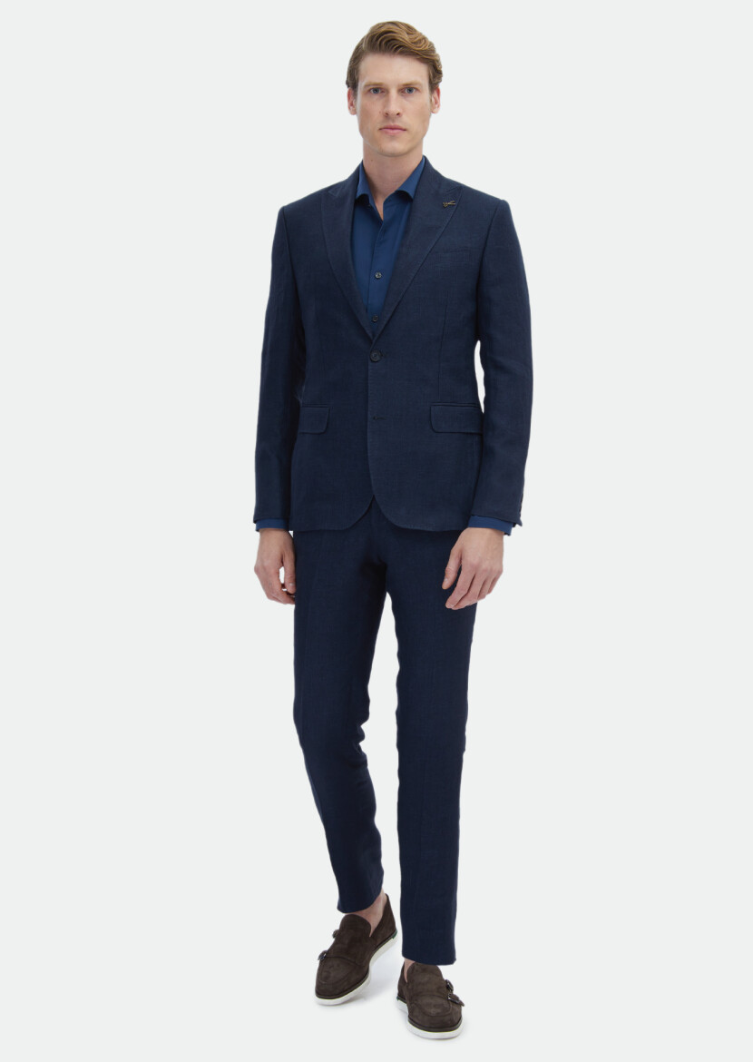 Navy Blue Plain Zeroweight Slim Fit 100% Linen Suit - 2