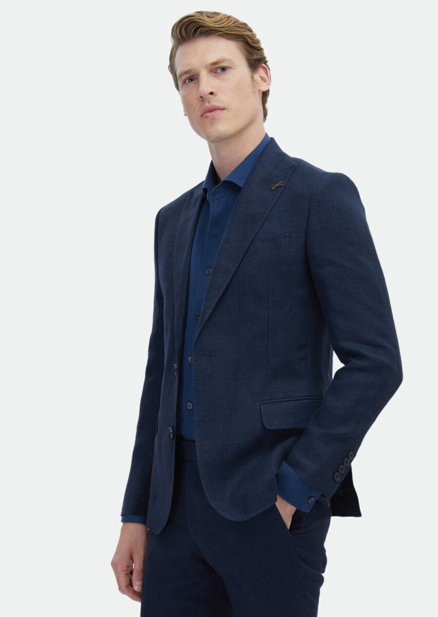 Navy Blue Plain Zeroweight Slim Fit 100% Linen Suit - 3