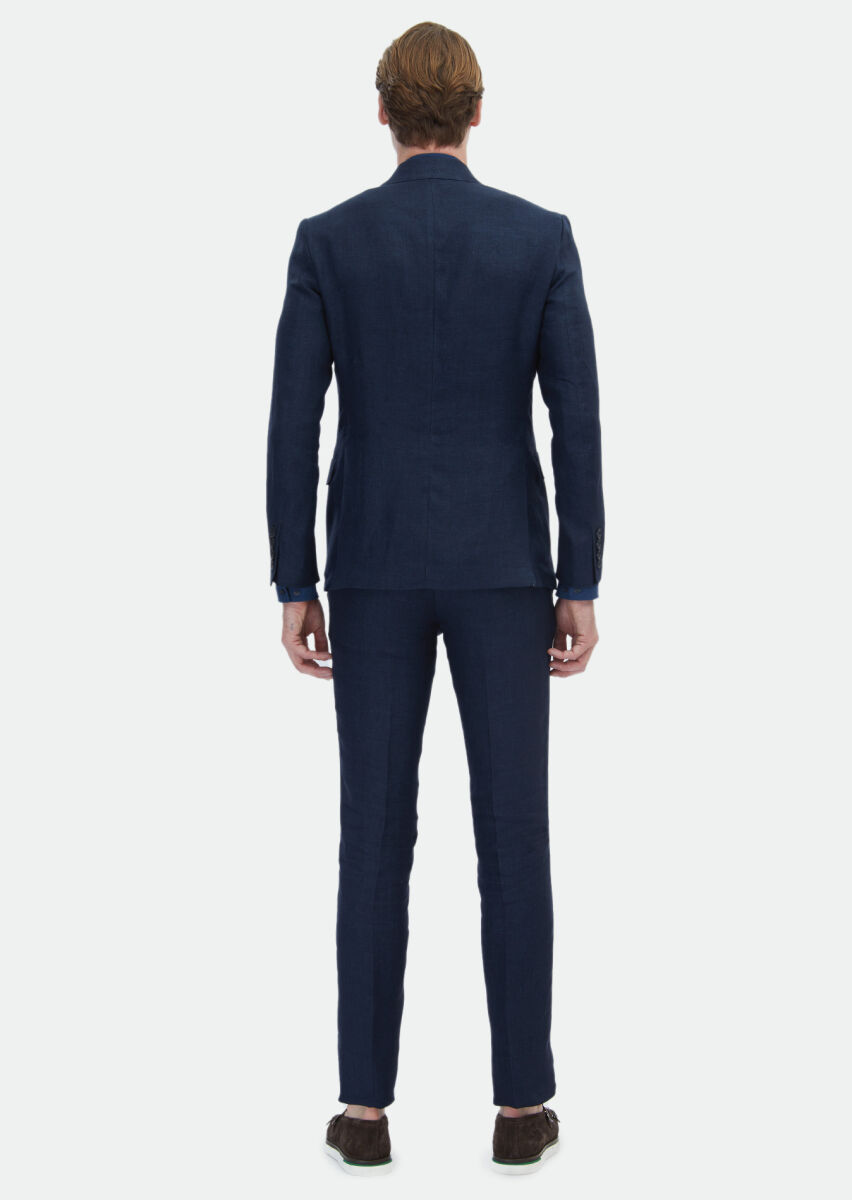 Navy Blue Plain Zeroweight Slim Fit 100% Linen Suit - 6