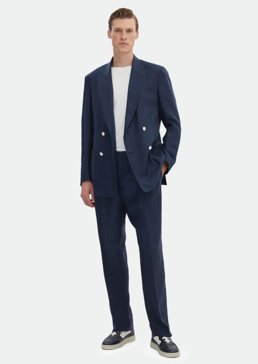 Navy Blue Plain Zeroweight Slim Fit 100% Linen Suit - 2