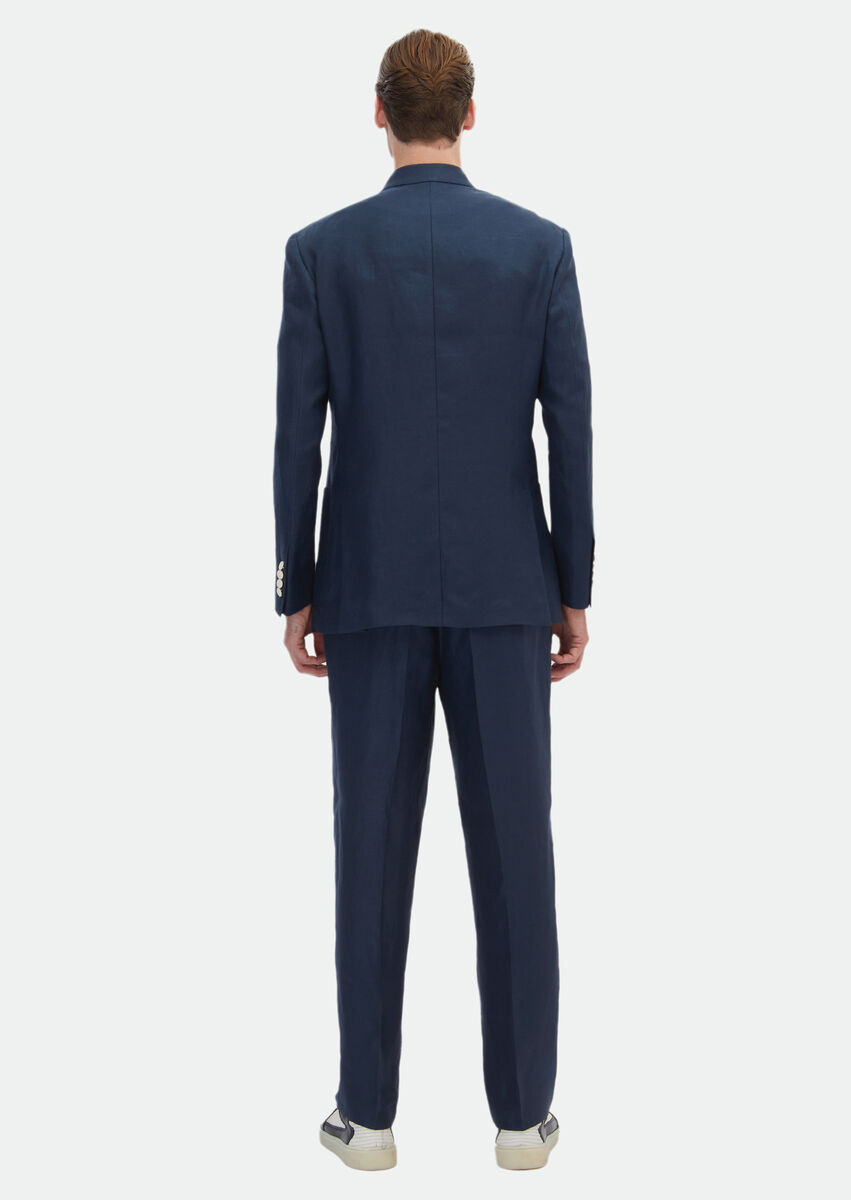 Navy Blue Plain Zeroweight Slim Fit 100% Linen Suit - 8