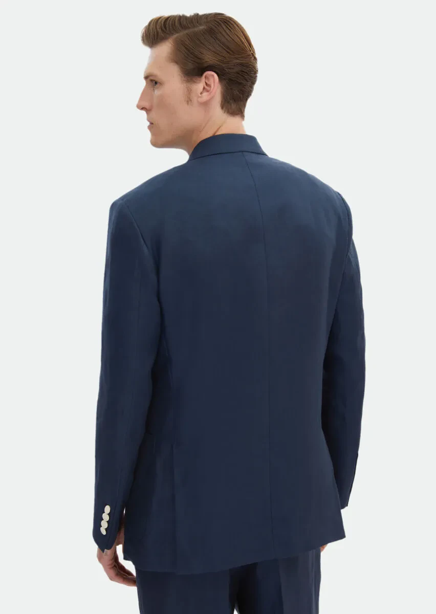 Navy Blue Plain Zeroweight Slim Fit 100% Linen Suit - 7